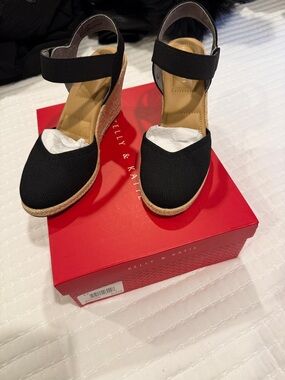 Kelly & Katie Black Canvas Espadrille Wedge Sandals with Ankle Strap